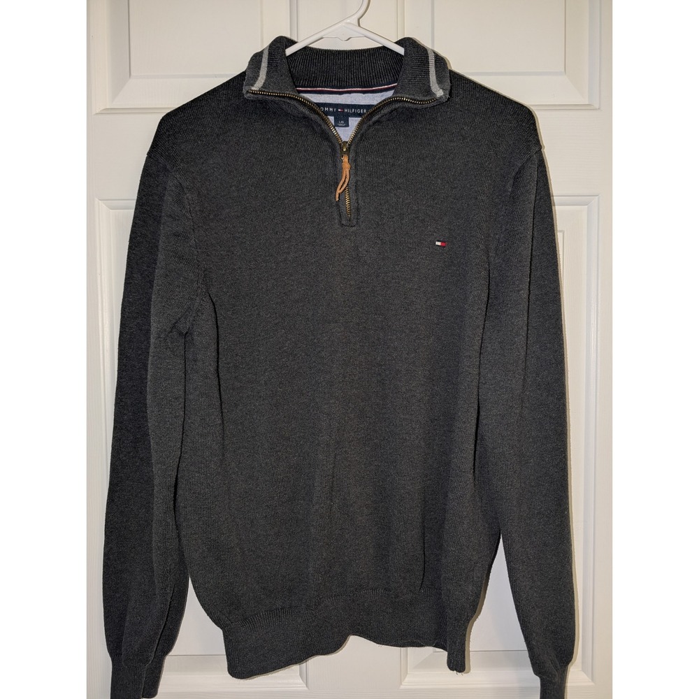 Tommy Hilfiger Men's L Charcoal Quarter Zip Pullover Sweater Preppy